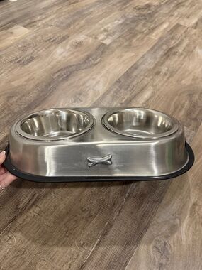 Double Stainless Steel Dog Bowl Set with Non-Slip Base - Silver